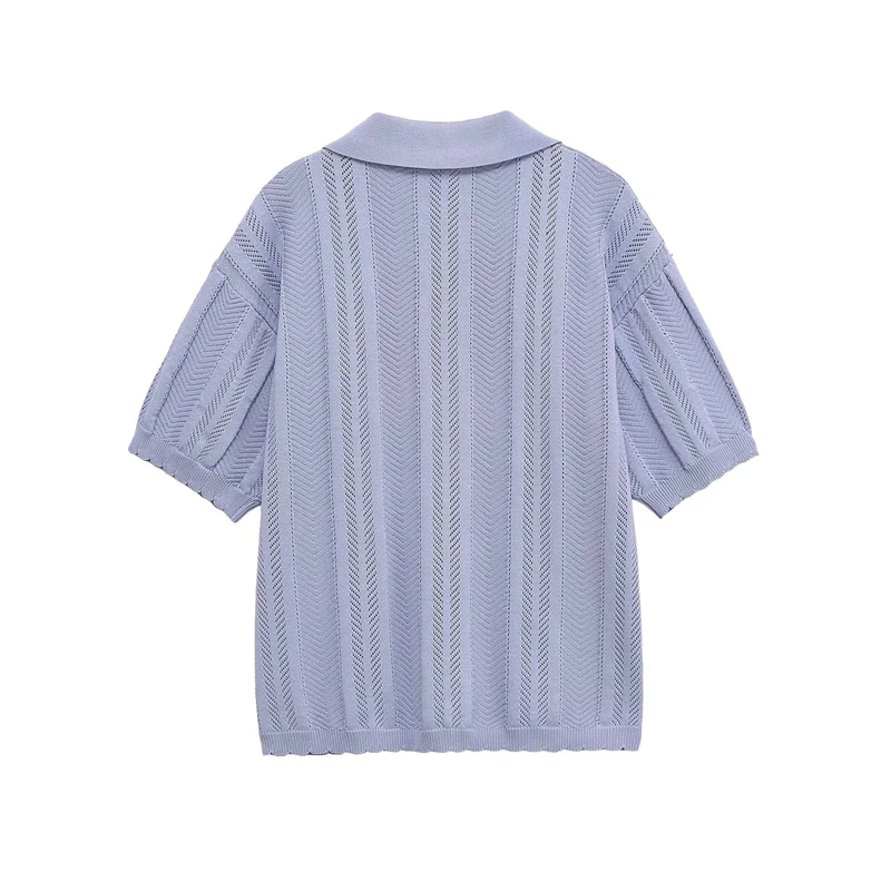 KEYANKETIAN صيف جديد المرأة طوق قصيرة الأكمام جوفاء قميص بولو واحدة الصدر سترة مشغولة من الصوف المرأة تي شيرت #2