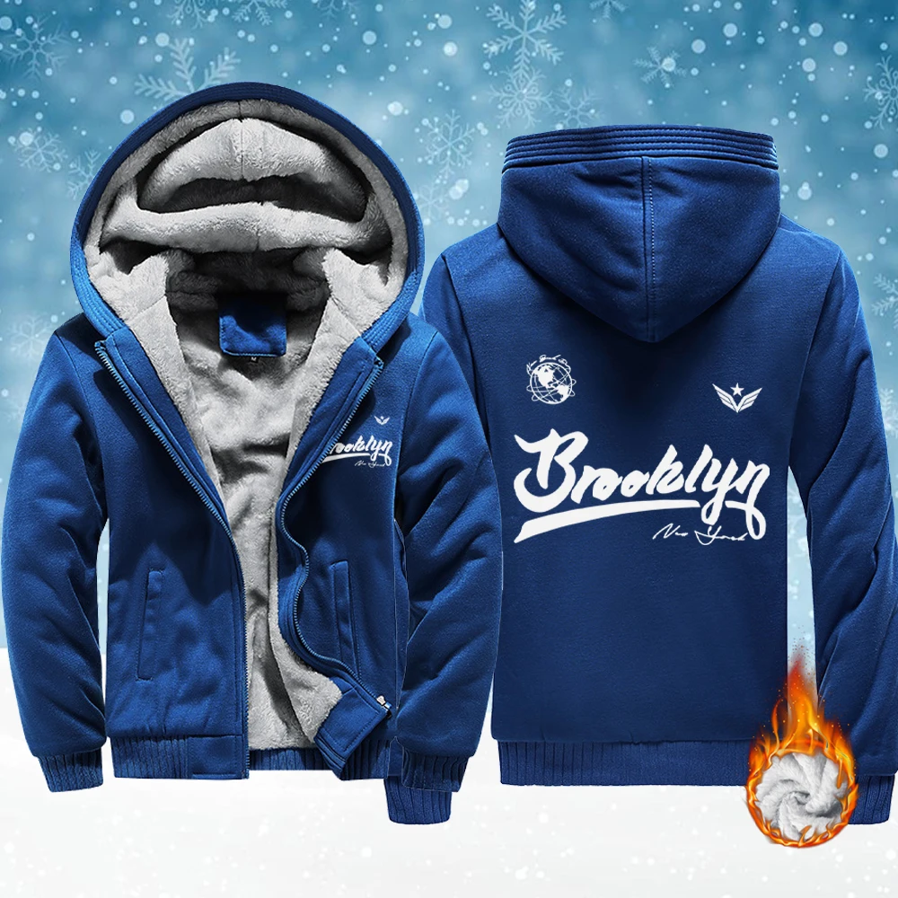 

Brooklyn Artistic Lettering Prints Male Fleece Jackets Winter Zip-Up Hoodie Thicken Warm Veste Soft Streetwear Casual Clothes