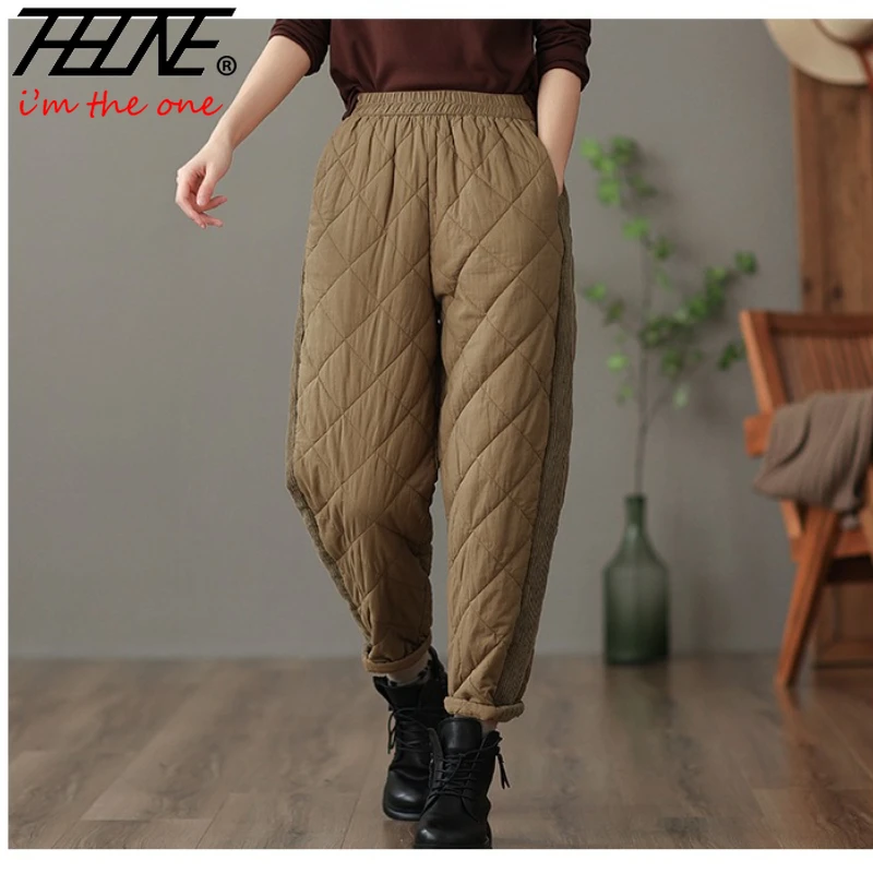 

THHONE новые зимние женские шаровары с высокой талией и подкладкой, теплые флисовые утолщенные винтажные брюки de Mujer, повседневная женская одежда