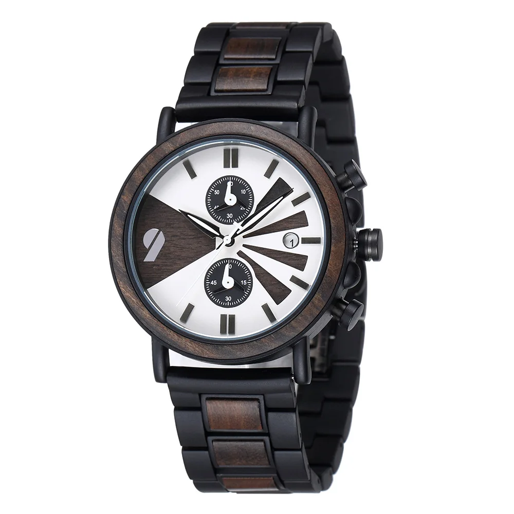 Men's Multifunctional Metal-wood Watch European Quartz Large Dial Timer Watch Trendy Outdoor Sports Wristwatch
