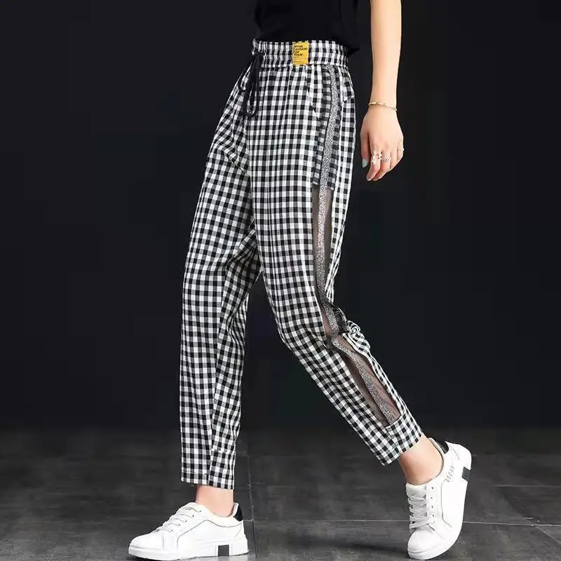 Black White Checkered Mesh Pants for Women in Spring and Summerlarge Size Loose Casual Pants Silver Edge Nine Point Harem Pants