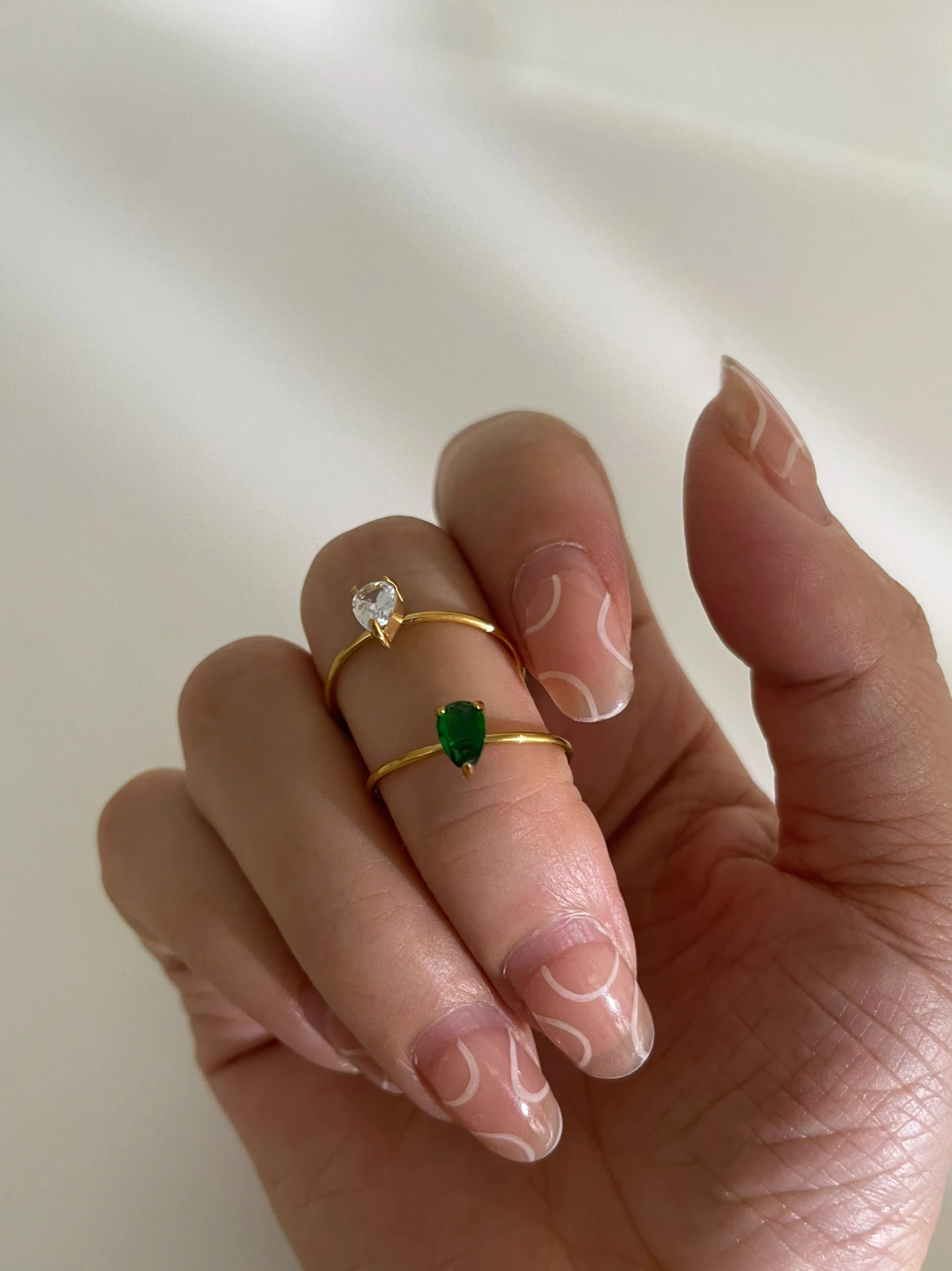 Peri\'sbox 2pcs Stainless Steel White and Green Water-drop Zircon Opening Thin Rings for Women Adjustable Trendy Wedding Jewelry