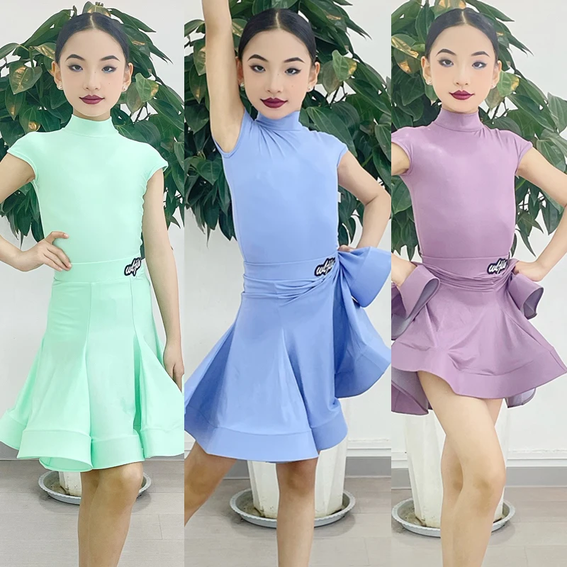 

Latin Dance Dress Competition Girls Glossy Short Sleeve Performance Suit Professional Dance Costume Kids Latin Dress Blue 3643