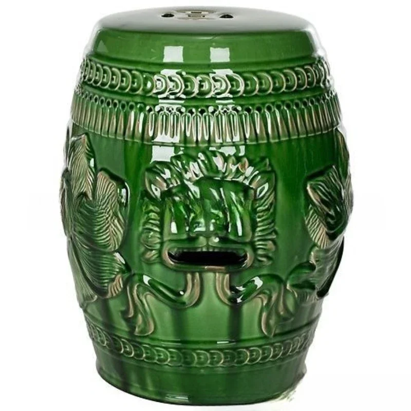 

Glass color glaze crack dark green lion surface ceramic stool ceramic gift stool cool pier round stool balcony decoration