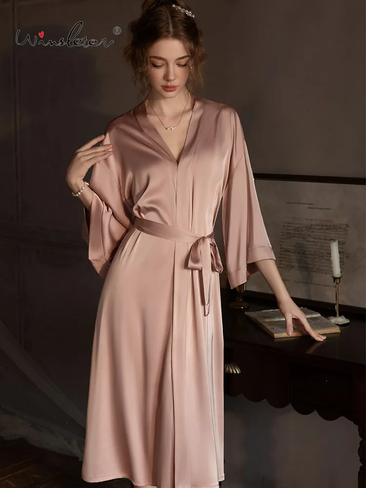 Winsleter-Women Sexy 3/4 Sleeve Night-robe, Solid Lace-up Bathrobe, Simplicity Bride Pajamas Robe, 2025 Spring Summer P4D921CC