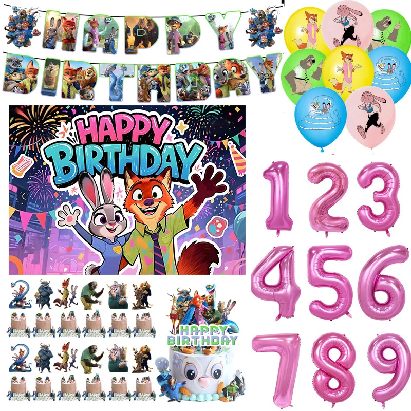 ديزني زوتوبيا موضوع زينة حفلة عيد ميلاد عدد بالون جودي نيك خلفية راية كعكة توبر لوازم الحفلات هدايا الأطفال