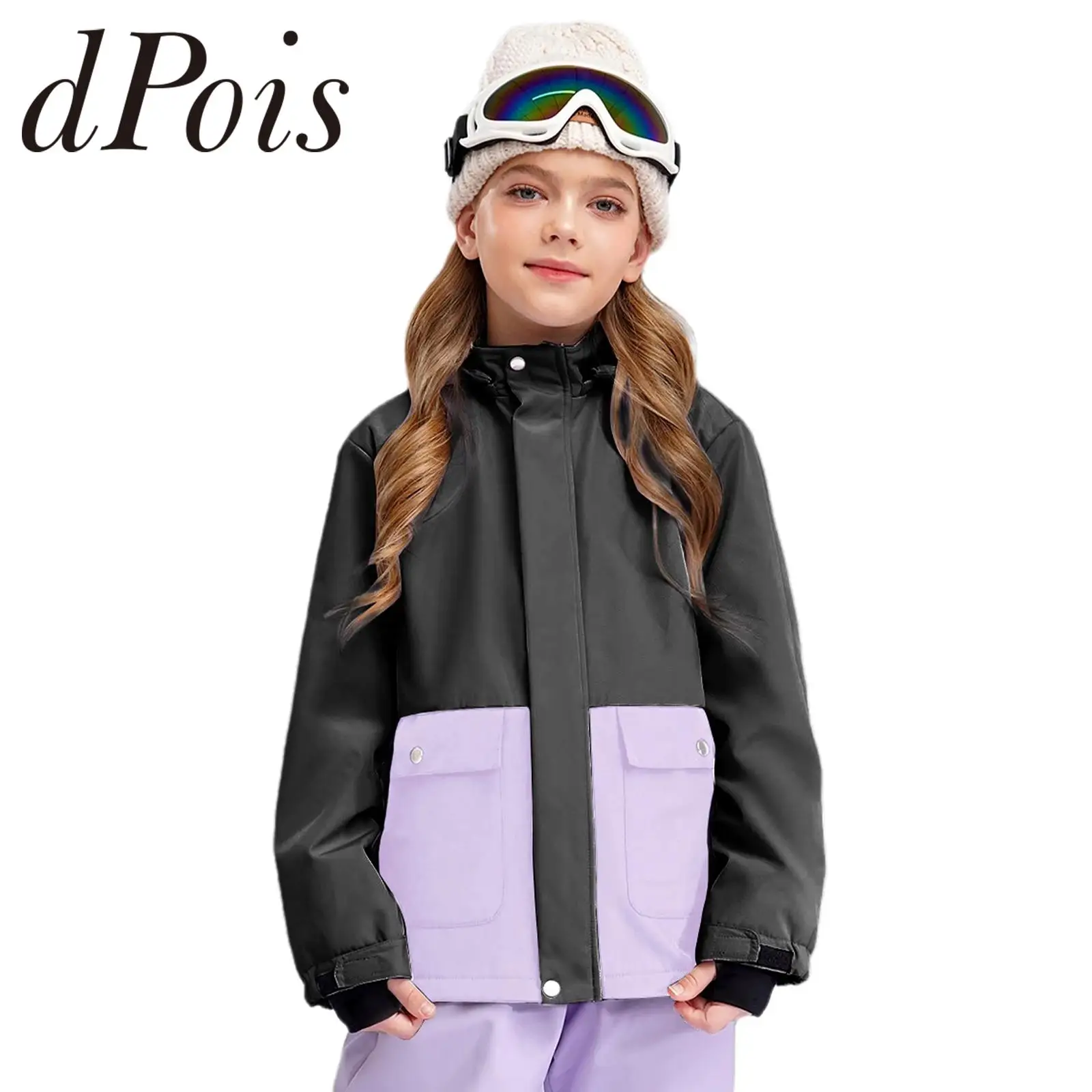 Kids Girls Color Block Skiing Jacket Long Sleeve Hooded Coat Winter Children Outdoor Snow Ski Outerwear Snowboarding Coats