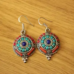 ER196 Nepal Indian Jewelry Copper Inlaid Colorful Beads 24mm Round Women Earring