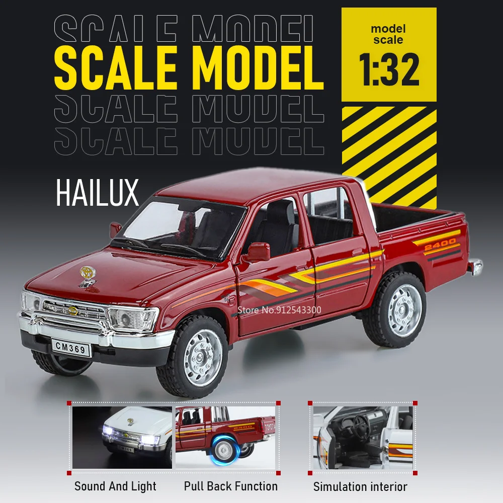 1:32 Scale Hilux Tacoma Car Model Toy Doors Opened Sound Light Models Pull Back Shock Absorption Vehicle for Hobbyists Presents