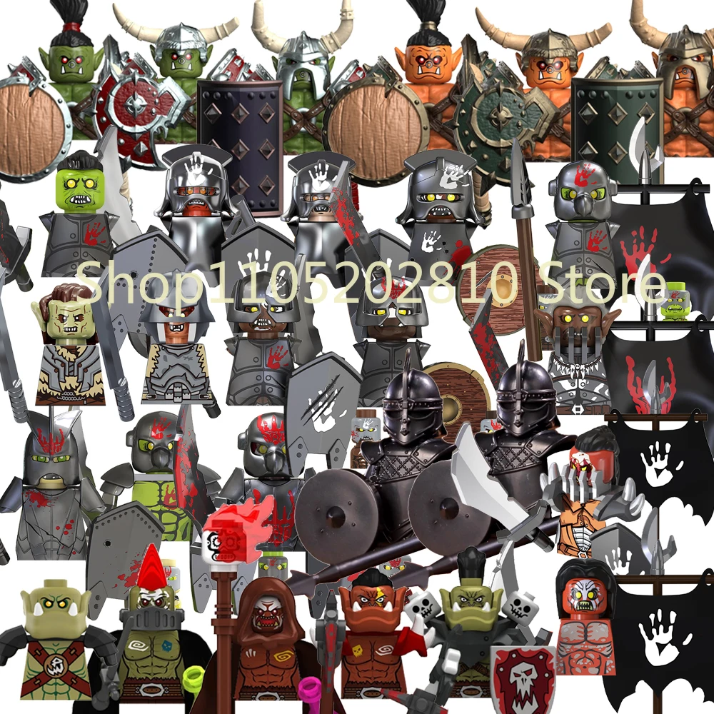 Figura de filme militar medieval moc bloco de construção armas orca escudo armadura arma faca espada machado montar cavalo veado lobo brinquedo presente i4
