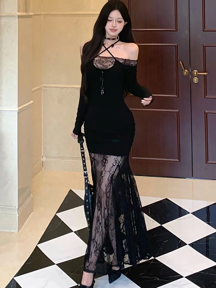 2025 Black Patchwork Lace Sheer Sexy Ruffled Long Dress Women Elegant Chic Neck-mounted Dress Autumn Korean Bodycon Party Dress