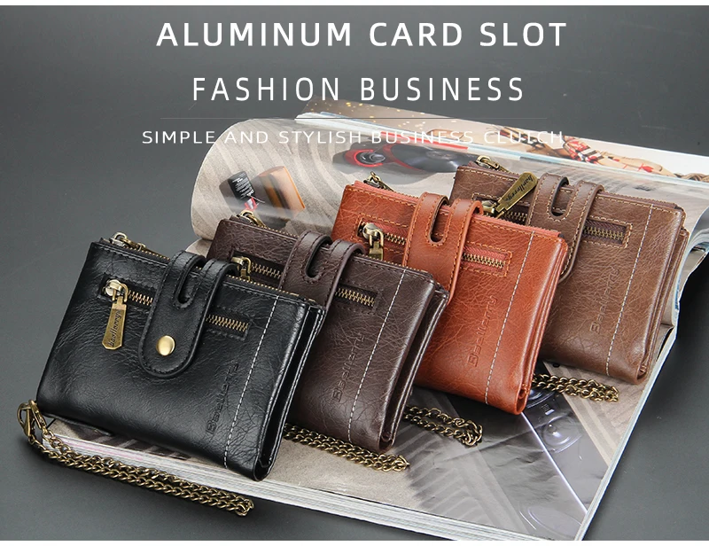 Business Men Wallets PU Leather Short Card Holder Chain Luxury Brand Men's Purse High Quality Classic Retro Male Wallet