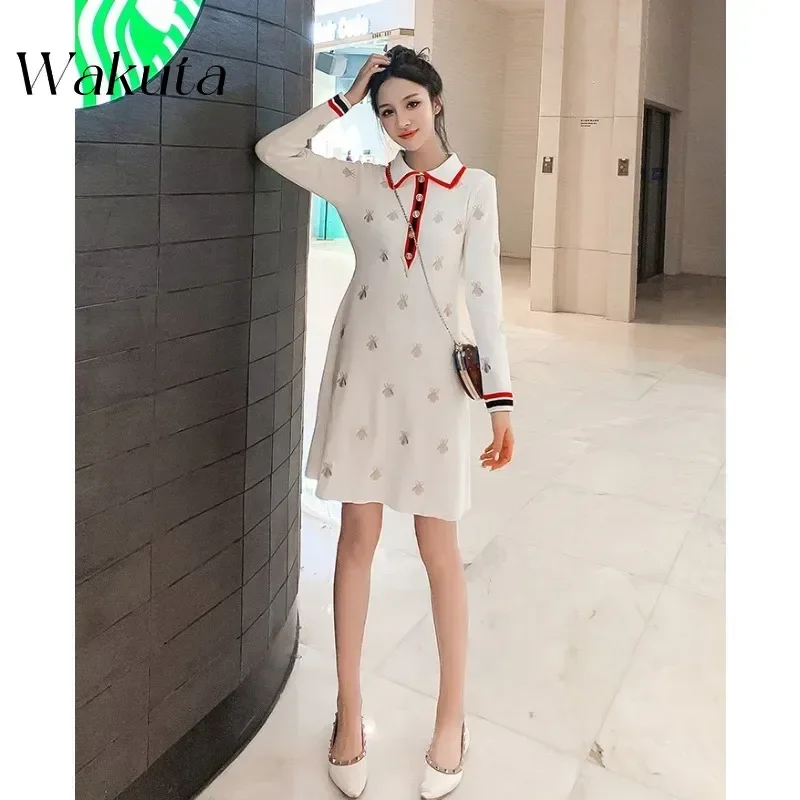 WAKUTA Elegant Spring Summer Knit Cartoon Embroidered Polo Gowns Woman Plus Size Casual Knee-length Straight Dresses Female2024