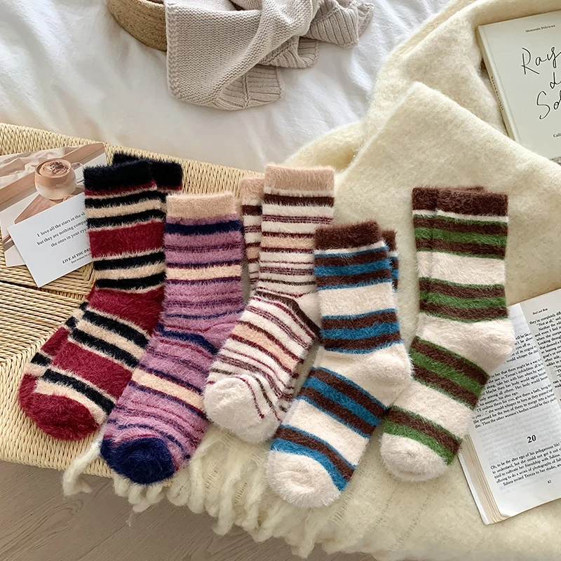 

Autumn Winter Warm Plush Socks Mink Velvet Vintage Candy Color Matching Striped Girls' Mid-tube Sock