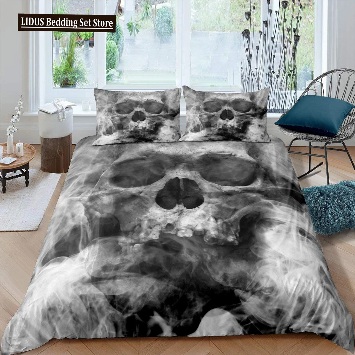 

Skull Duvet Cover King, Halloween Comforter Cover,Gothic Fog Smoke Skull Skeleton Bedding Set,Grey Quilt Cover Room Decor 2/3pcs