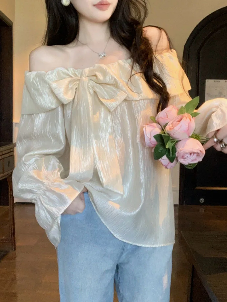 

Solid Color Sweet Ruffles Spliced Blouse Women's Clothing Fashion Temperament Slash Neck Off Shoulder Shirt Female All-match