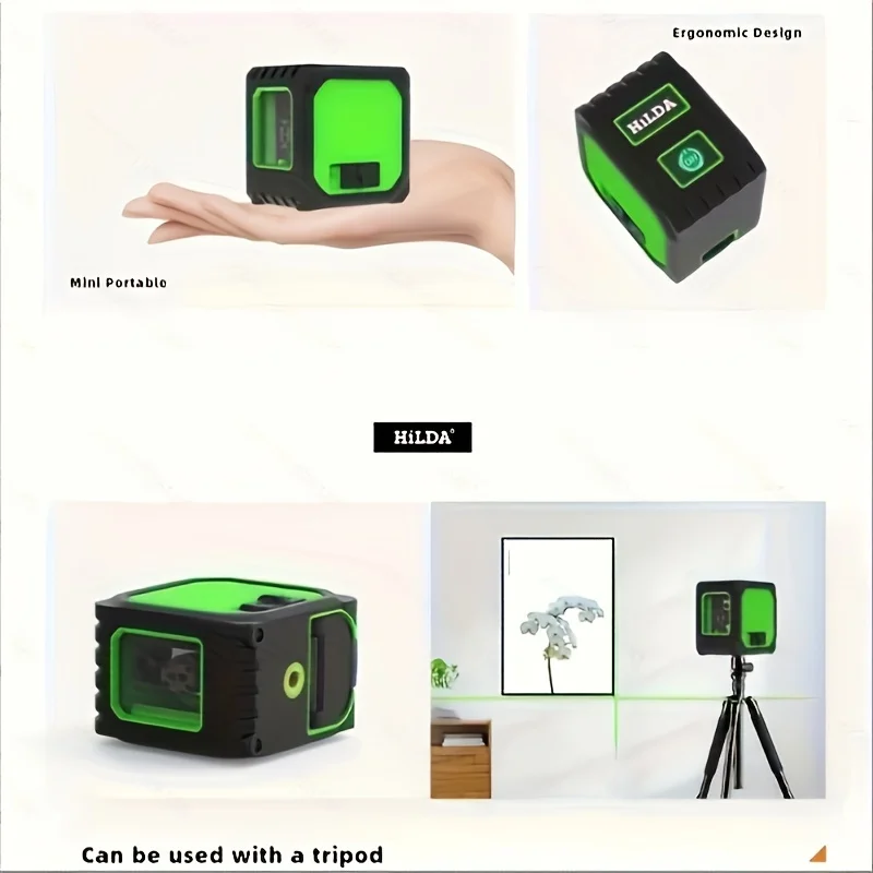 HILDA 충전식 그린 라이트 레이저 레벨, 리튬 배터리 광학 기기, 브래킷 포함, 2 라인