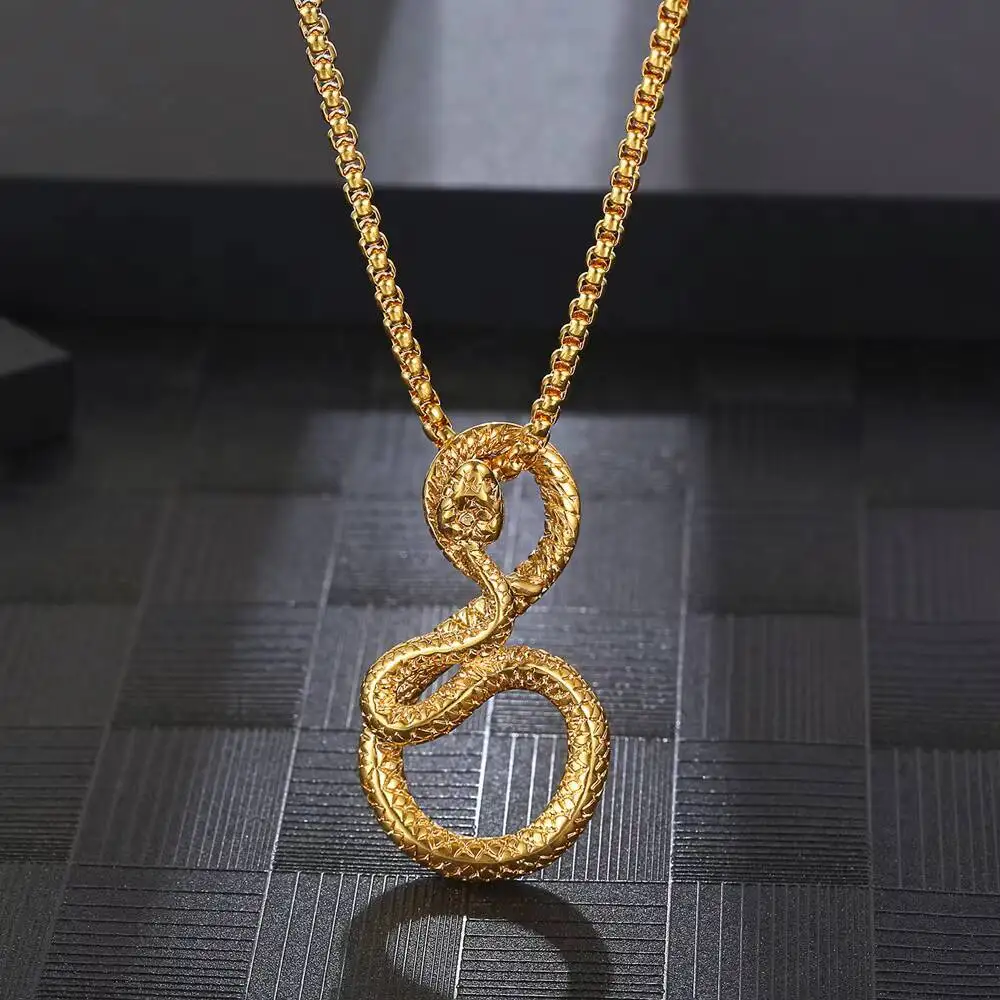 Ethnic Style Snake Shaped Surround Pendant Men Punk Rock Necklace Jewelry Gift In Stainless Steel