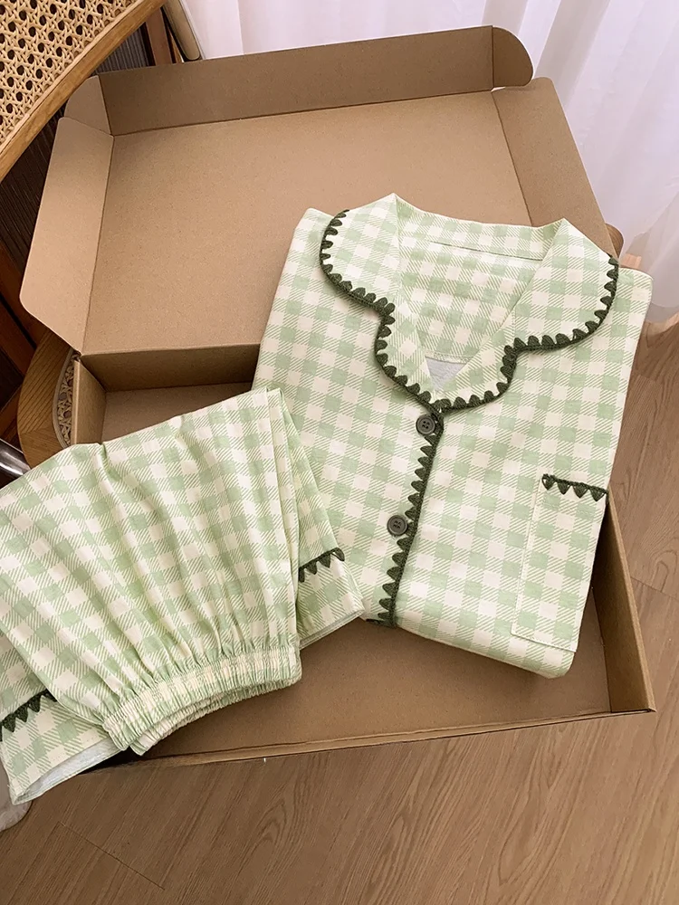 

Cotton Summer Style Women's Sleepwear Short Sleeve Lace Trim Loose Home Clothes Green Plaid Pure Cotton Home Fashion
