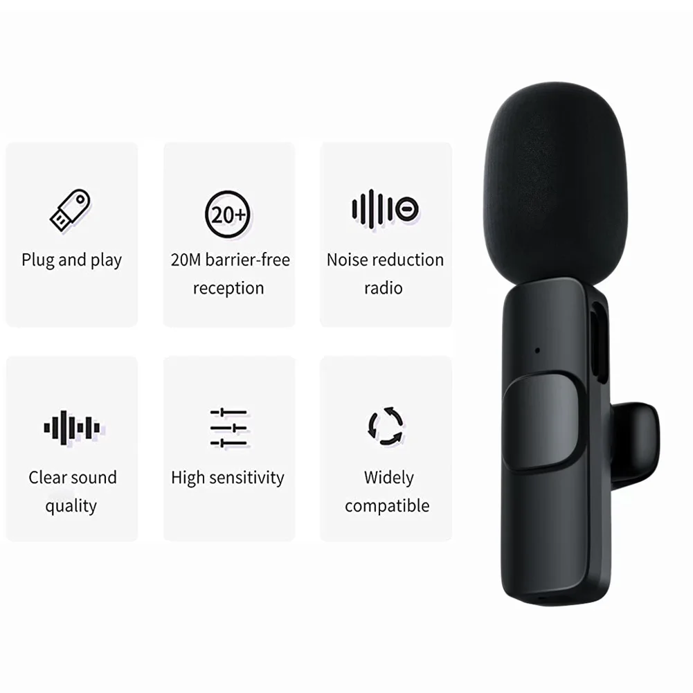 Sem fio Tipo C Mini Microfone Lavalier, Redução de Ruído, Lapel Mic, Clip On, Gravação de Vídeo, Vlog, 1 a 2, Novo