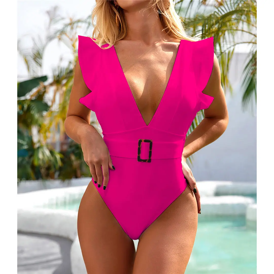 Weißer, sexy, geraffter, tief ausgeschnittener, einteiliger Badeanzug für Damen, Badebekleidung für Frauen mit Gürtel, Monokini, Badeanzug, Badebekleidung für Damen, V2198 – Detail 21