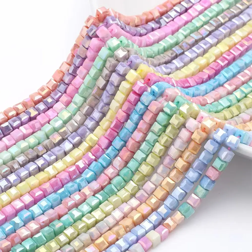 4 6 8mm Water Stained Ice Cracks Faceted Crystal Glass Beads Macaron Color Cube Charm Square Glass Beads For DIY Making Jewelry