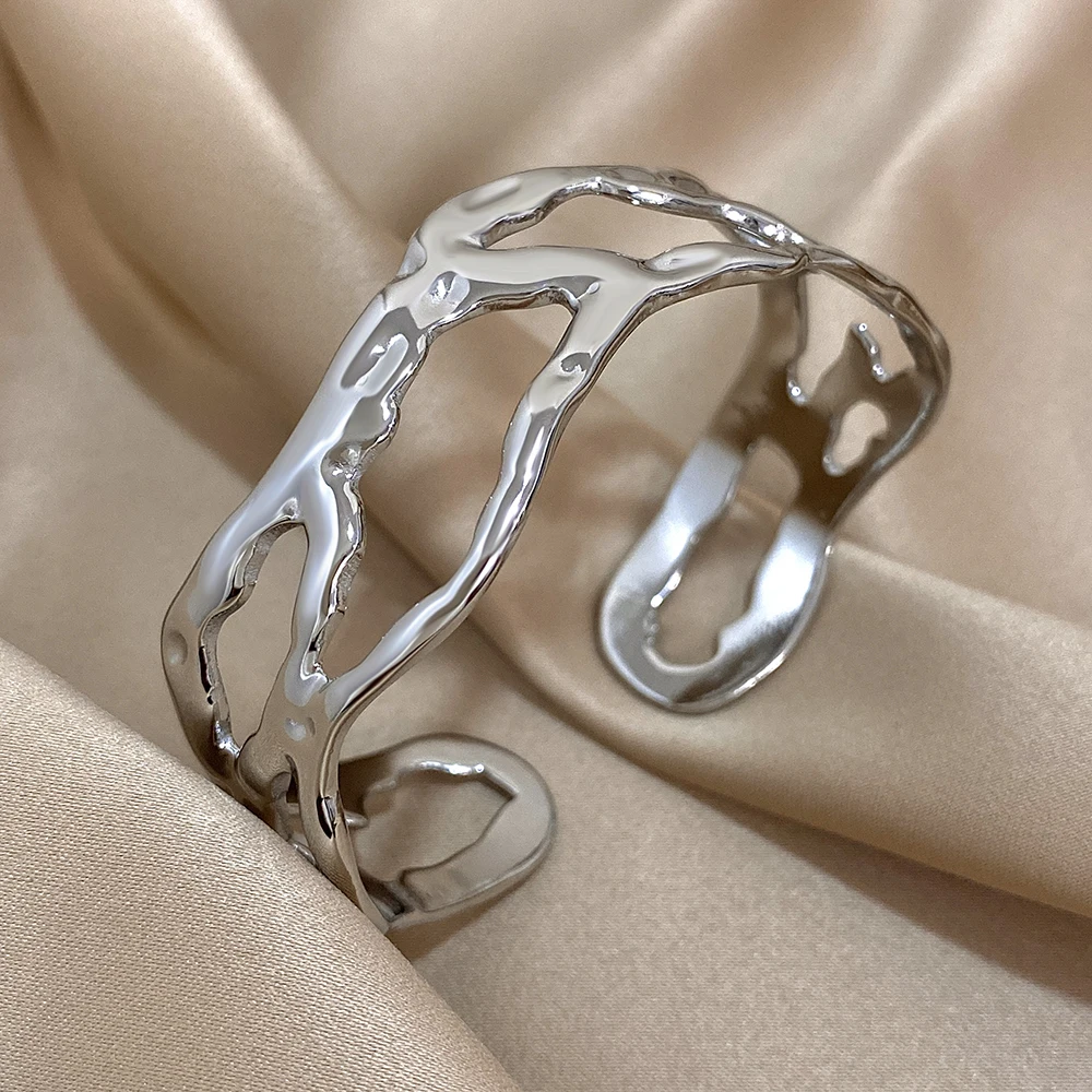 316L Stainless Steel Irregular Hollow Open Cuff Bangles for Women Fashion Gold Color Geometric Unique Design Bangles Bracelets