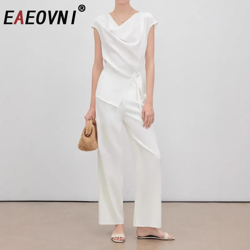 

EAEOVNI Casual Summer Women 2 Piece Set Folds Belt Spliced Short Sleeve Tops + Long Pants Fashion 2025 New Clothing 1A1169
