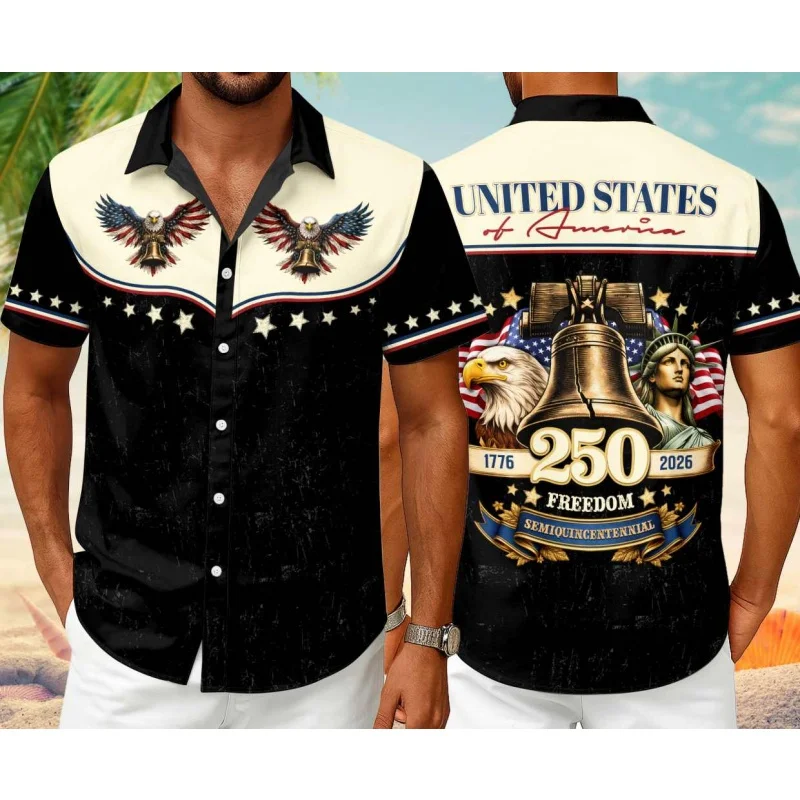 USA 250 Year Of Freedom Vintage Hawaiian Shirt For Men 3D Printed Patriotic Eagle Flag Summer Button Blouses Lapel Aloha Shirts