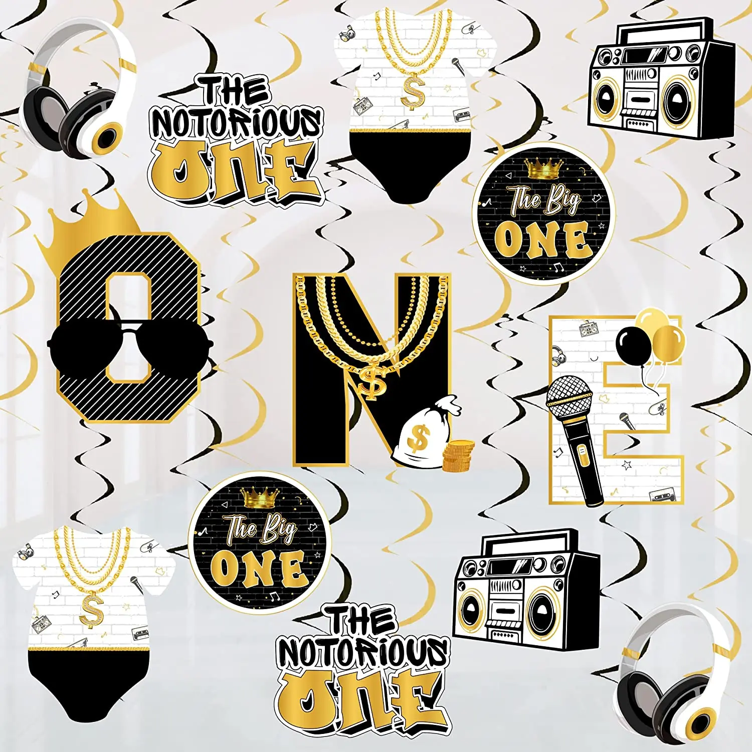 24Pcs Hip Hop Theme Black Gold 1st Birthday Hanging Swirls The Notorious One Photo Props for One Year Old Party Decorations