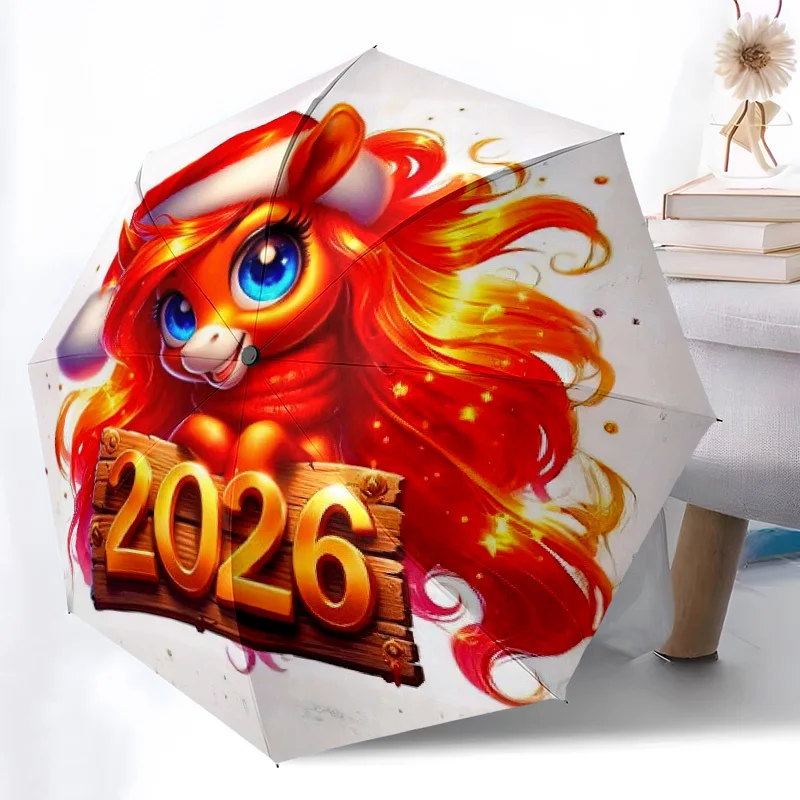 

2026 Cartoon Horse Folding Umbrella - Portable Design Durable Iron Frame 8-rib Structure Suitable for All Seasons At Home Trav