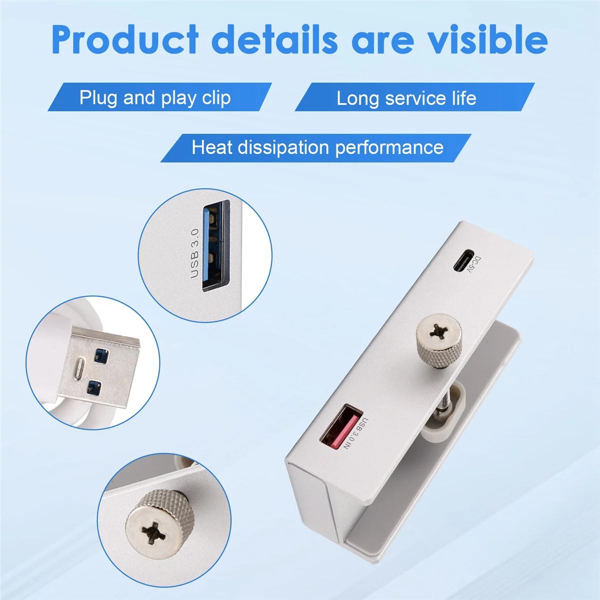 

【New User-Coupon!】USB 3.0 Hub Aluminum Clip-on TypeC Hub Desktop Splitter with USB-C 5GBPs Transfer Rate for Laptops