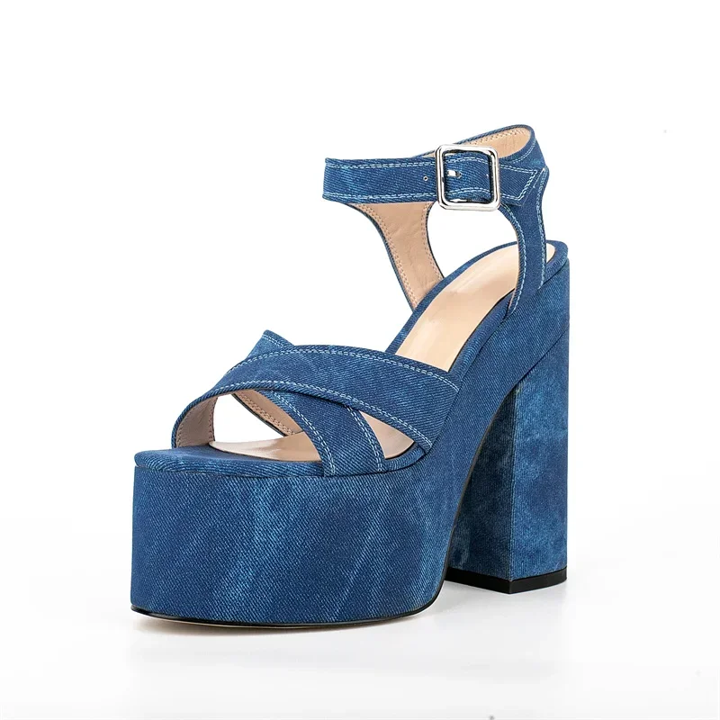 

Brand Design Denim Fish Mouth Sandals Size 35-43 Sexy 15.5cm High Heel Women's Shoes Waterproof Platform Denim Blue Sandals