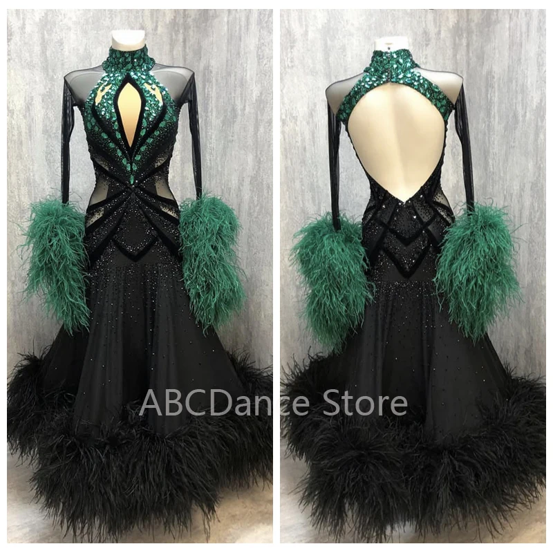 2025 NEW ballroom dance dresses competition Standard Dancing Dress dancewear ostrich feathers Long Sleeve  high neck