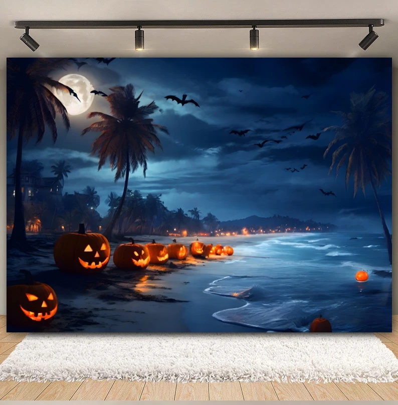 Halloween Night Beach Backdrop Pumpkin Full Moon Pumpkin Coconut Sea House Palm Tree Halloween Baby Photography Background Decor