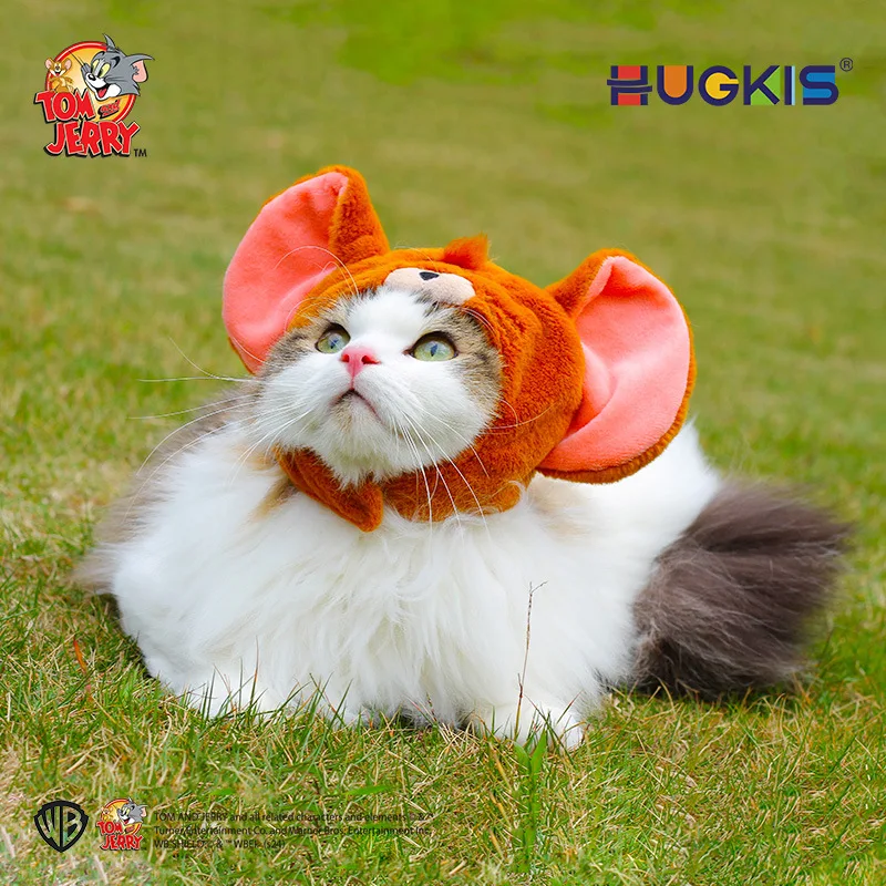 /@ 14cm Genuine Tom and Jerry Pet Toy Plush Headwear, Cute Cartoon Cat Cosplay Hat, Funny Pet Costume Headgear for Cats