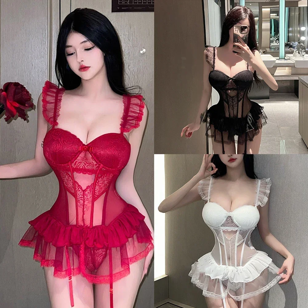 Women Sexy Lingerie Bodysuit Push Up Bra Corset Garters Thongs Lace Slip Dress