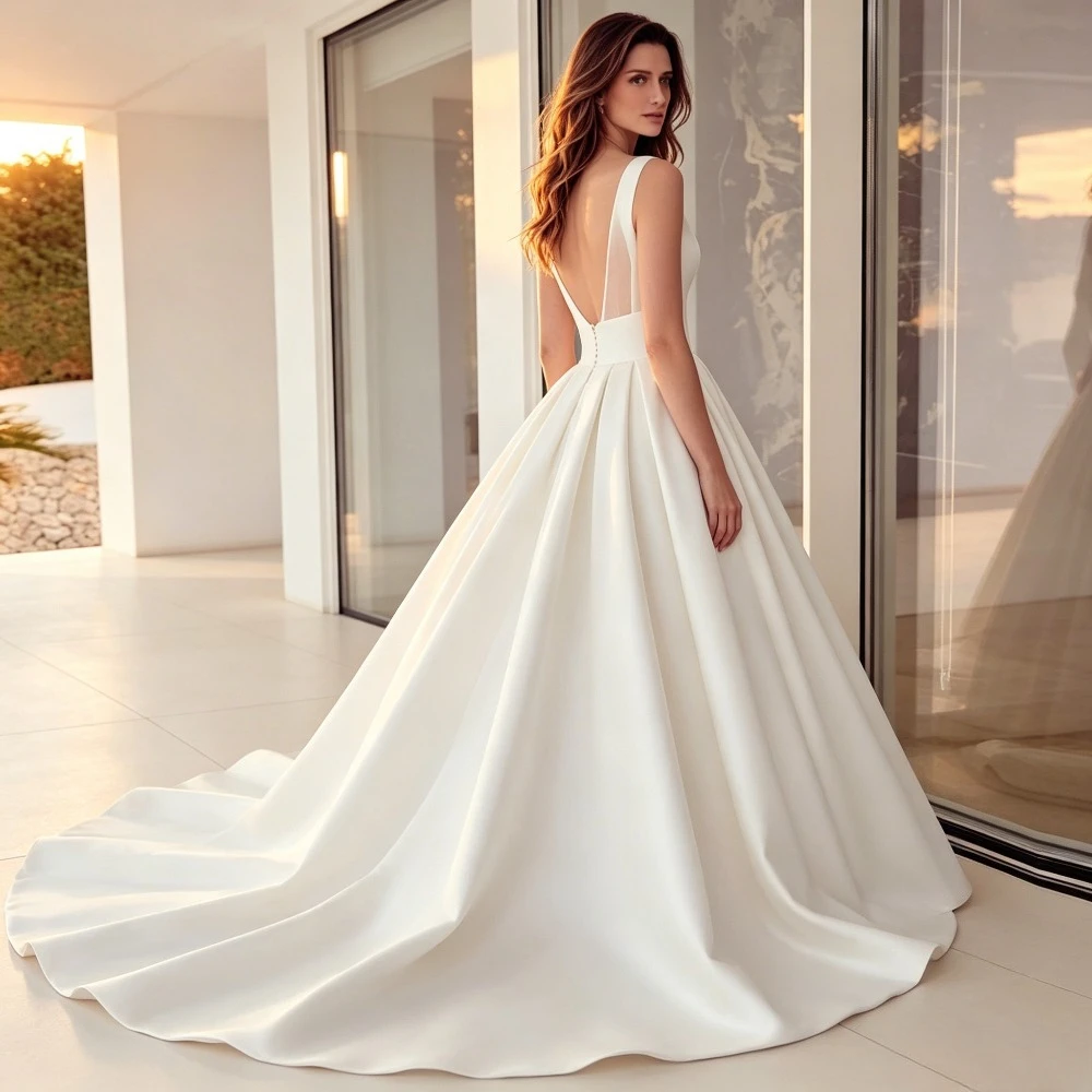Customized Minimalist A-line Bridal Gown Sleeveless Pendant V-neck Slimming Waist Solid Long Style Simple Church Wedding Dresses