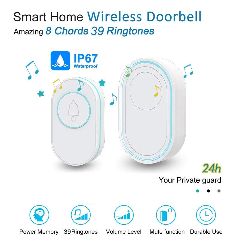 Wireless Doorbell IP67 Waterproof OutDoor Button Smart Home Door Bell LED Flash Security Alarm For House