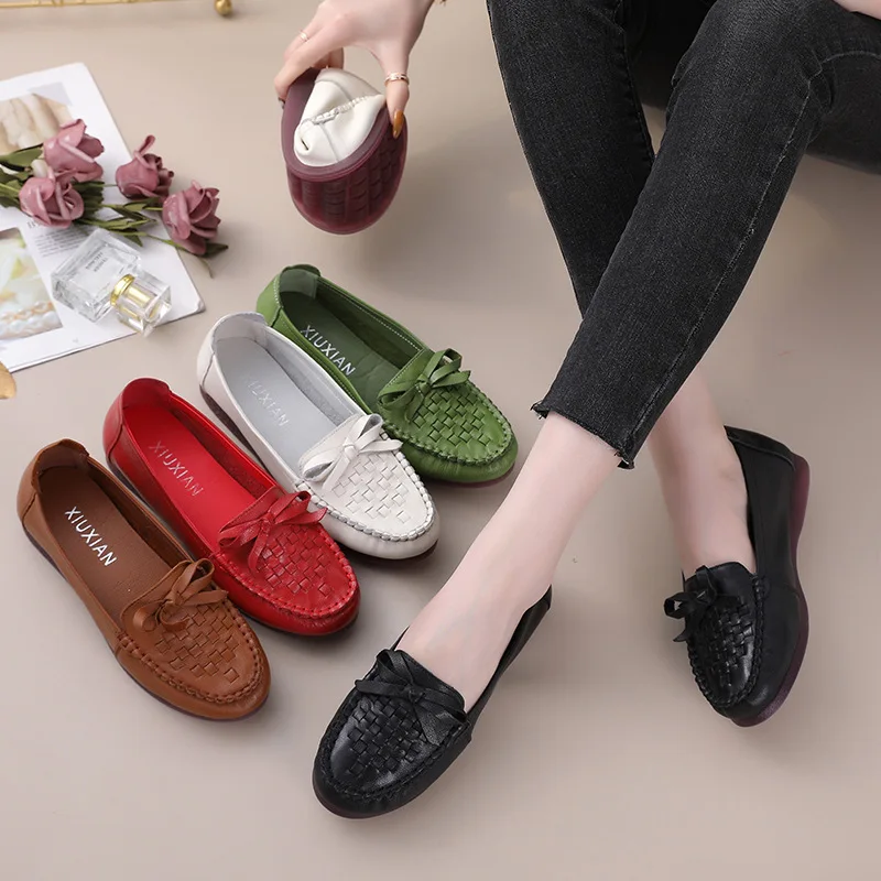 Genuine Leather weave style Women Shoes Ladies Round Toe Casual Comfort female soft sole Flats walking footwear Spring Summer