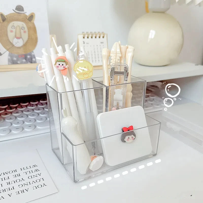 1/2 Pcs Transparent 3 Grids Pen Holder Box Make Up Brush Bucket Cosmetic Organizer Student Desk Pen Container Storage Box