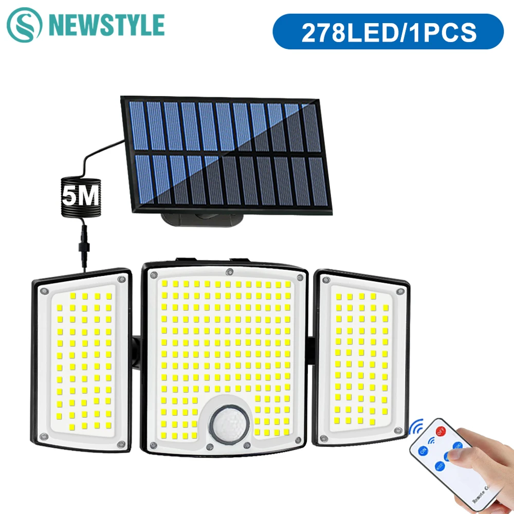 

278 светодиодов Солнечные фонари Наружные 3 головки Датчик движения Свет Водонепроницаемый светильник безопасности 3 режима Прожектор Настенные светильники Двор Крыльцо Сад