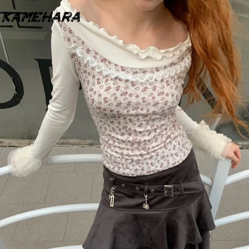 

KAMEHARA Japanese Abitu Subculture Retro Fresh Floral Patchwork Lace One Collar Slim Fit Long Sleeve T-shirt Y2k Shirt for Women