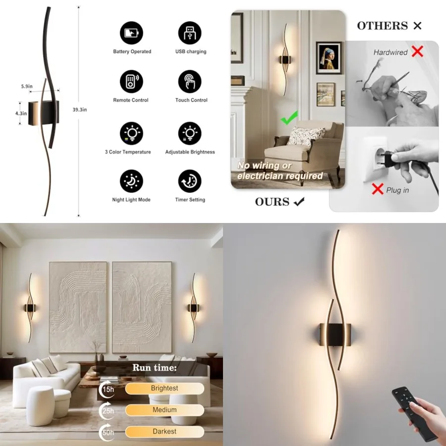 

Battery Operated Wall Sconces with Remote Control, Dimmable/3 Color/Night-Light/Timer/Memory, Modern Wireless LED Sconce for Li