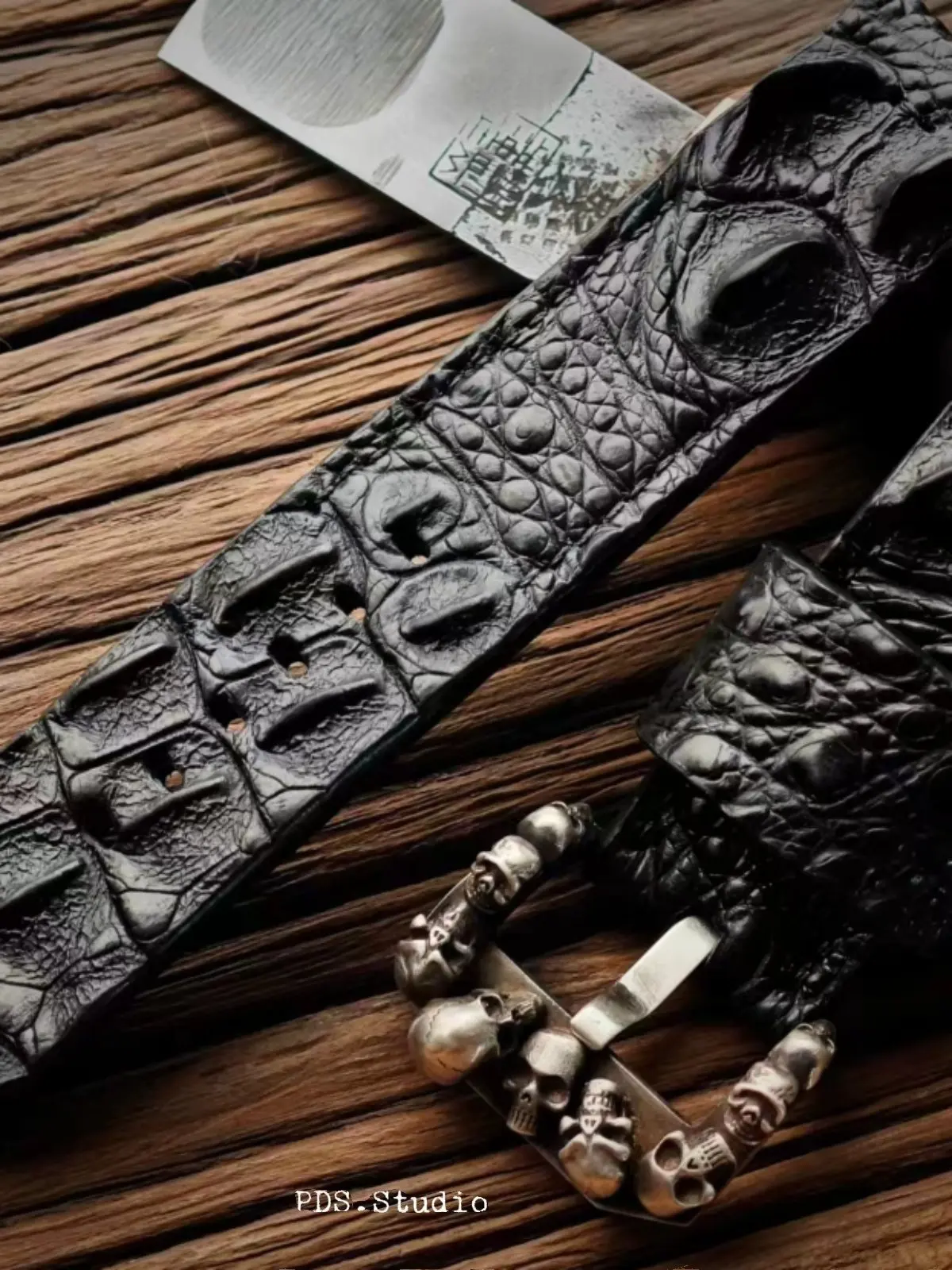 HANDMADE CUSTOM ALLIGATOR BACK SKIN WITH LARGE BONE SCALES WATCH STRAP, PERSONALIZED GENUINE LEATHER,SWEAT-RESISTANT, PIN BUCKLE