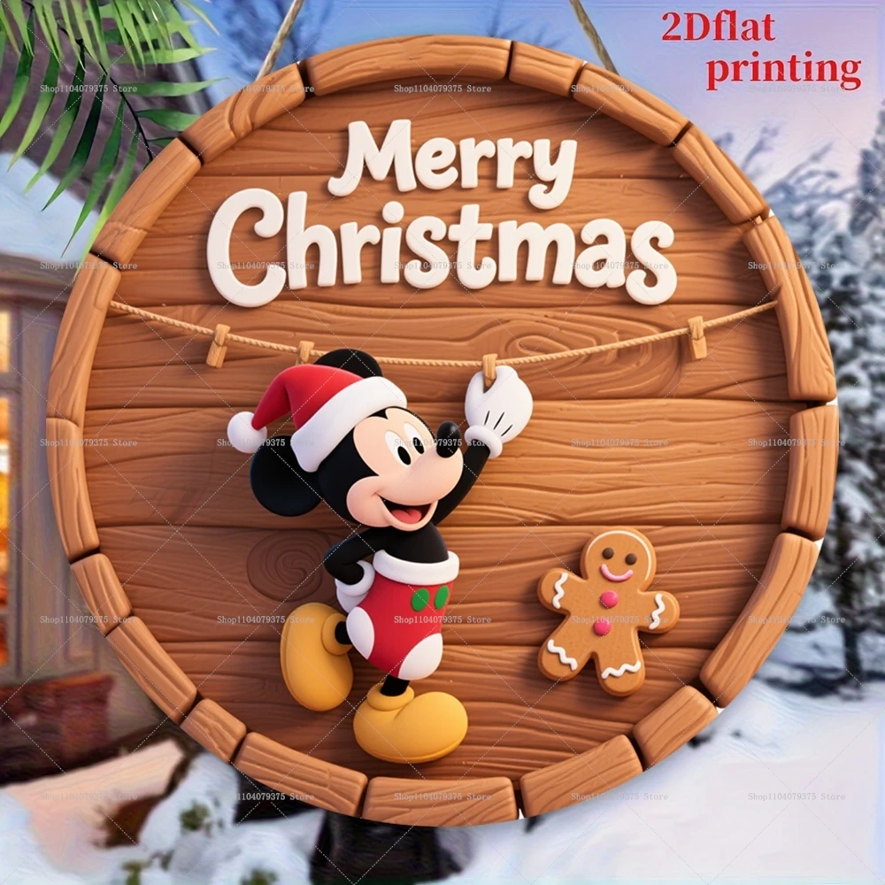 عيد ميلاد سعيد ديزني ميكي شعار شخصية مستديرة خشبية معلقة علامة الباب الأمامي جدار عطلة حزب الاحتفال الديكور