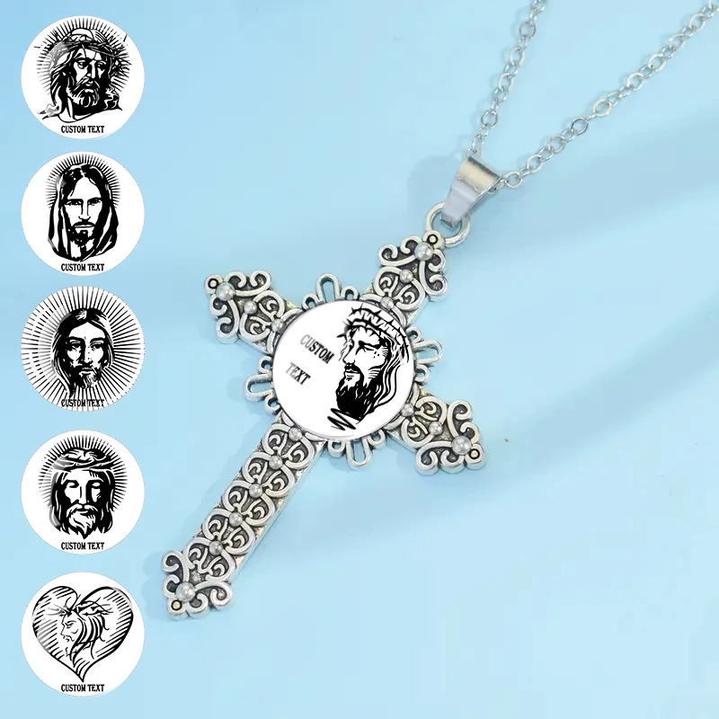 Personalized Custom Text Jesus Portrait Dome Glass Cross Necklace Christian Faith Religious Gift Decoration Prayer Gift