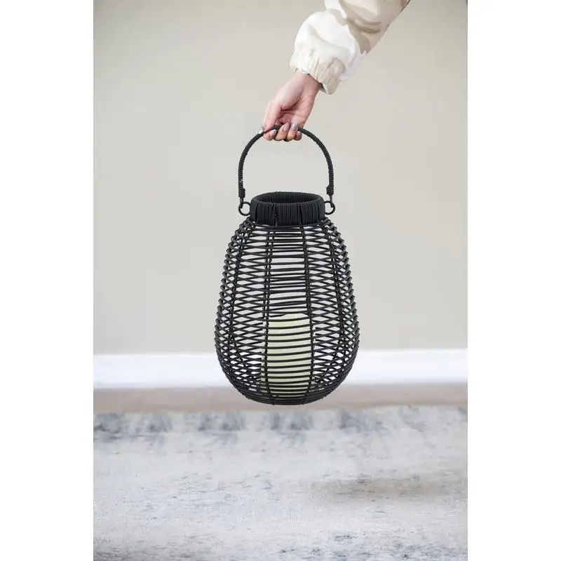 

Black Poly Rattan Lantern with White LED Candle and Timer Function, 7.9x7.9x10.6 inches, Decorative Light for Home, Outdoor, or