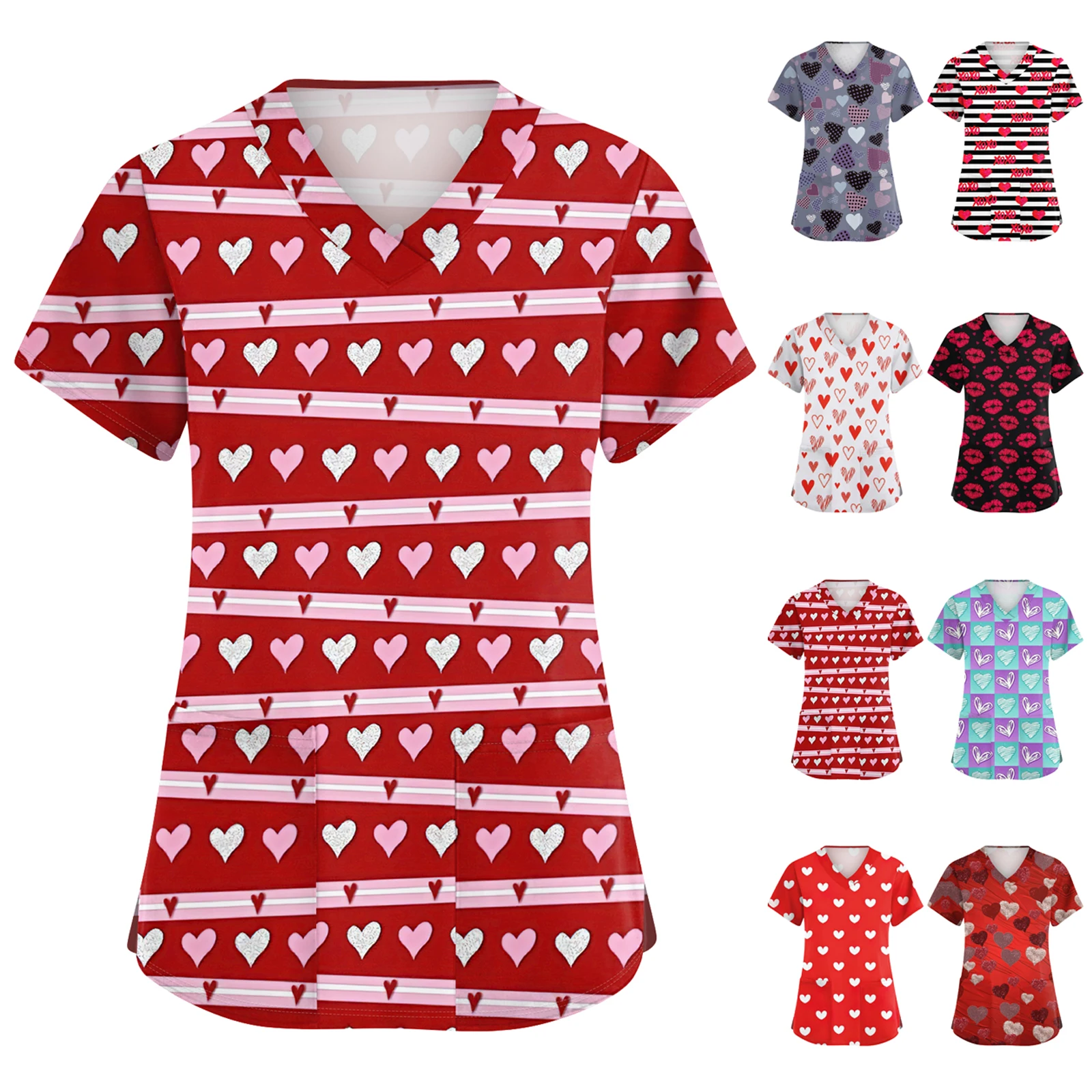 Uniforme d'infirmière pour femmes, haut à col en v en forme de cœur à paillettes rouges, chemisier à manches courtes avec poches pour adultes, vêtements brillants tendance pour la saint-valentin, 2026