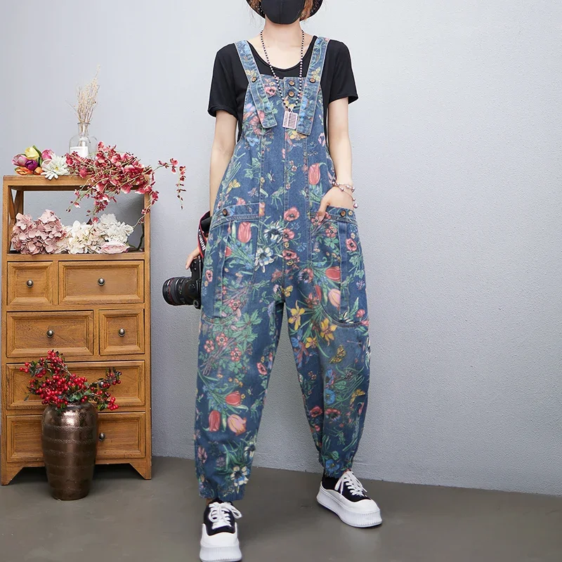Casual Streetwear พิมพ์ดอกไม้ DENIM Jumpsuit ผู้หญิงหลวม Baggy กางเกงขากว้าง Rompers ขนาดใหญ่กระเป๋าสายรัดกางเกงยีนส์ Overalls